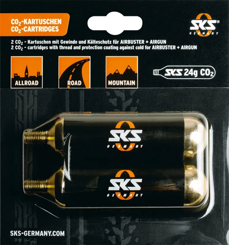 Neu SKS CO2 Ersatzkartuschen Set für Airbuster mit Gewinde - 24g - gold - Größe 2er Set, mit Gewinde