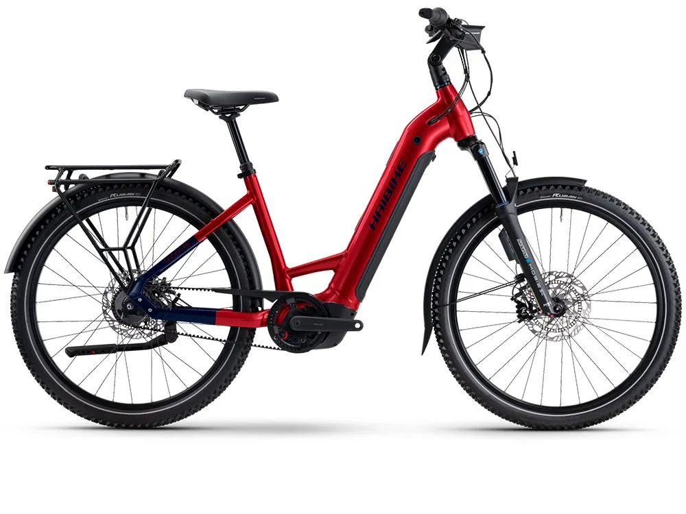 Aktuell Haibike Trekking 9 ABS Low | Trekking E-Bike | 27,5" | 800Wh Bosch CX | dynamitrot / blau-38 cm
